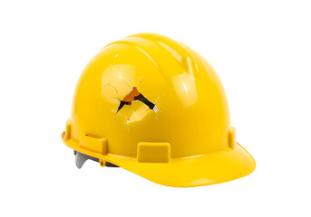 Broken yellow hard hat showing workplace safety issues isolated on white or transparent background. PNG