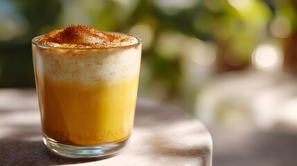 Frothy golden beverage in a glass, topped with spice, sits on a table in natural light.