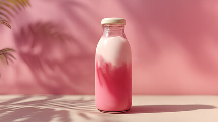 A bottle of pink liquid, a refreshing summer treat under palm tree shadows.