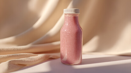 Pink beverage in a clear bottle presented against a neutral fabric backdrop. Delicate shadows add depth.