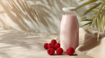 Raspberry flavored drink in a glass bottle with fresh raspberries on a table. Natural light and soft shadows.