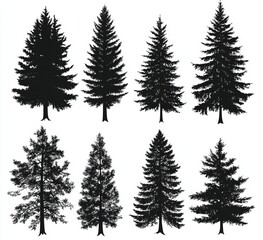 Obraz premium Natural badges featuring modern illustrations of abstract tree drawings with black silhouettes of coniferous pine, spruce, cedar, and plant leaves are used for outdoor travel tops