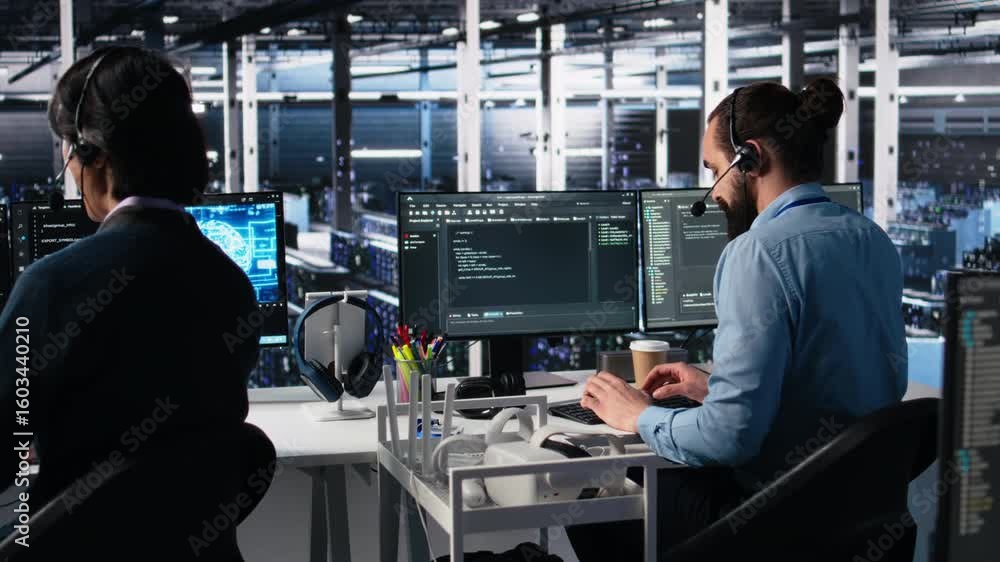 Poster engineer in data center wearing headset assisting users with ai enhanced troubleshooting. server roo