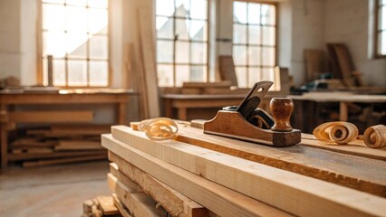 A traditional wooden hand plane rests on a stack of freshly milled timber planks, surrounded by delicate wood shavings, set within a sunlit woodworking shop, conveying craftsmanship