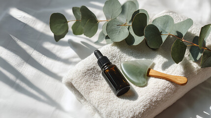 Spa scene: Oil bottle, jade tool, eucalyptus branch on a plush white towel in bright sunlight.