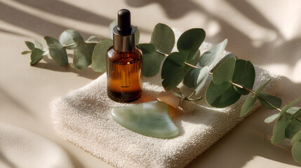 Skincare still life with essential oil, jade tool, and eucalyptus on soft towel. Warm light, spa vibes.