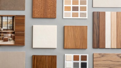 Fototapeta premium Top-down view of a designer's workspace featuring a collection of material samples including light and dark wood, fabric, and color palettes, alongside a blank clipboard, ideal for mood boards or plan