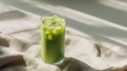 Iced matcha latte: a refreshing beverage of matcha powder mixed with milk and ice, ideal for summer.
