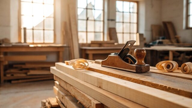 A traditional wooden hand plane rests on a stack of freshly milled timber planks, surrounded by delicate wood shavings, set within a sunlit woodworking shop, conveying craftsmanship