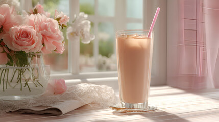 Refreshing drink with straw next to flowers creating a relaxing, cozy atmosphere on window ledge.