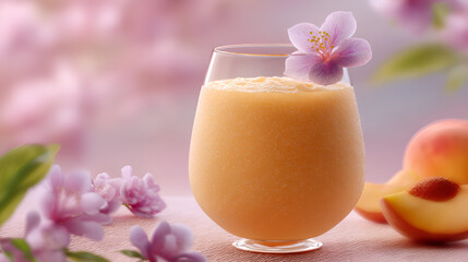 Refreshing peach smoothie with delicate blossom, a sweet and floral delight on a pink textured surface.