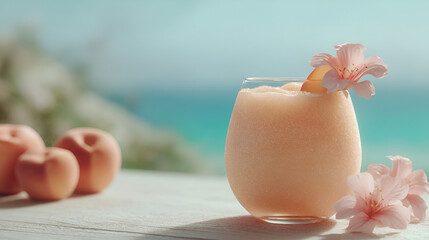 Refreshing peach smoothie in a glass decorated with flowers, with ocean view, perfect summer treat.