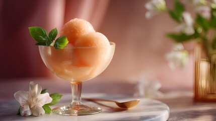 Refreshing peach sorbet served in an elegant glass with fresh basil, a summer dessert.