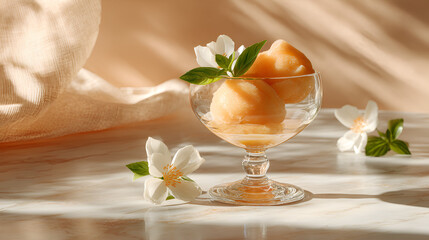 Refreshing cantaloupe sorbet in a glass with delicate flowers on a marble surface. Summer dessert treat.