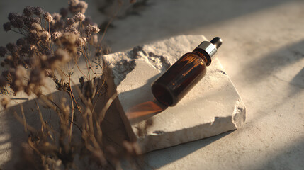 Amber bottle with dropper, sunlit stone surface, dried flowers create gentle shadows, serene beauty.