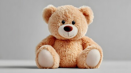 Obraz premium A light beige teddy bear sits against a neutral background.