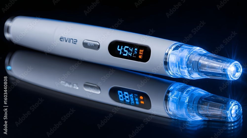 Poster modern handheld device with a digital display and glowing tip.