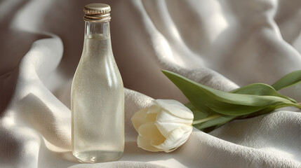 Elegant refreshment: A glass bottle of water and a white tulip rest on soft, draped linen fabric.