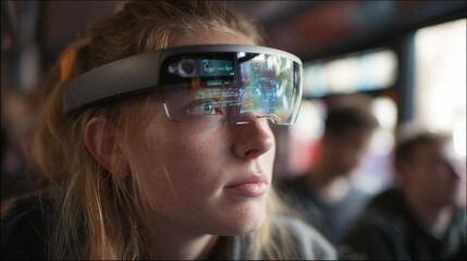 A student riding the bus, watching floating holographic lecture notes synced from a school cloud account via smart glasses. 