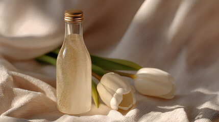 Elegant glass bottle with golden lid, surrounded by delicate white tulips on soft, draped fabric backdrop.