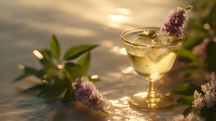 Elegant golden cocktail with ice, garnished with lavender and mint, bathed in warm sunlight. Refreshing drink.