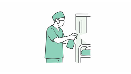 Healthcare worker in a face mask and scrubs sanitizing a hospital room. An illustration representing hygiene and infection prevention.