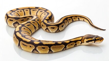 Fototapeta premium Top-down view of a beautiful captive-bred Ball Python, displaying its characteristic intricate markings and graceful coil, isolated on a bright white background
