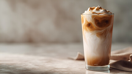 Iced coffee with foamed milk and caramel swirls in glass on neutral setting for drink concept.