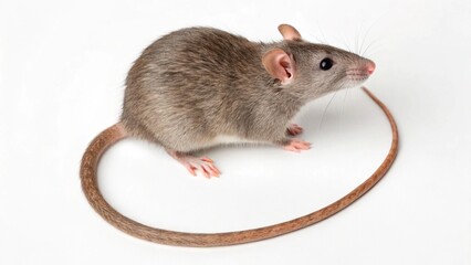 Side profile of a curious young rat, alert and looking to the right, with soft fur and expressive eyes against a clean, simple backdrop