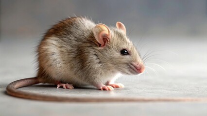 A small, adorable brown and white domestic rat sits calmly on a muted grey surface, showcasing its delicate features and long tail