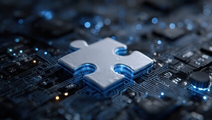 A glowing puzzle piece rests on a complex circuit board, symbolizing problem-solving, technological innovation, and the interconnectedness of modern