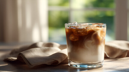 Iced Coffee: A refreshing drink with layers of coffee and milk, chilled with ice on a wooden table in sunlight.