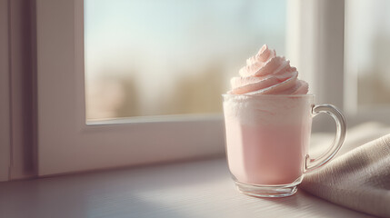 Cozy pink drink with whipped cream on a windowsill, bathed in soft, natural light. Sweet indulgence.