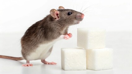 This engaging studio shot features a healthy domestic rat with intelligent eyes, observing a stack of refined sugar cubes, highlighting themes of diet, addiction, or the appeal of sugary treats