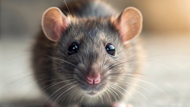 An endearing close-up of a grey rat, its large, dark eyes and delicate pink nose prominently featured, with soft lighting illuminating its fur and whiskers, creating a warm, engaging portrait