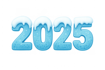 Icy numbers 2025 with snow caps represent upcoming new year celebration, isolated on transparent background