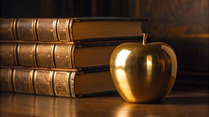 This elegant still life features a stack of old books with gleaming golden accents and a polished golden apple, creating a timeless representation of knowledge, wealth, and classical learning