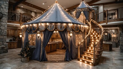 A whimsical indoor circus tent with spiral staircase.