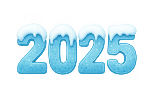 Icy numbers 2025 with snow caps represent upcoming new year celebration, isolated on transparent background - Powered by Adobe