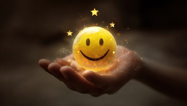 A glowing smiley face rests in an open hand surrounded by sparkling stars conveying a sense of positivity and good fortune.