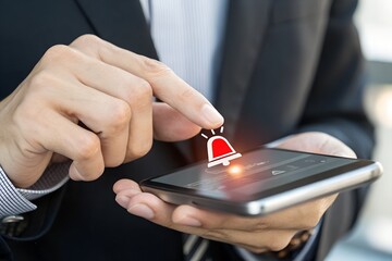 Alert notification concept. Reminder, Push Notifications, Web Reminders, Time Table and Announcements. Person using smartphone with bell notification icon on virtual screen. 