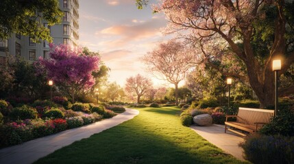 Fototapeta premium Serene scenic park pathway with lush green grass vibrant flowers colorful trees sunset warm glow peaceful outdoor nature setting
