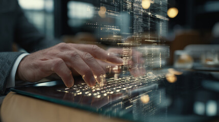 A businessman typing on an invisible virtual keyboard with floating holographic screens in a busy airport lounge.