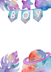 Watercolor baby boy nursery illustration. Hand-painted cute planet