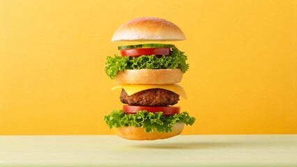 A perfectly deconstructed burger with all its fresh ingredients – bun, lettuce, tomato, patty, and cheese – levitating in mid-air against a vibrant yellow background