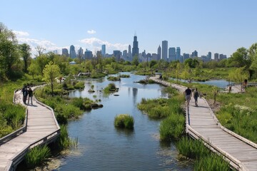 Scenic view of a lush urban park with winding wooden walkways and a river, featu greenery, trees, and a city skyline in the background