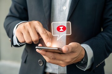 Alert notification concept. Reminder, Push Notifications, Web Reminders, Time Table and Announcements. Person using smartphone with bell notification icon on virtual screen. 