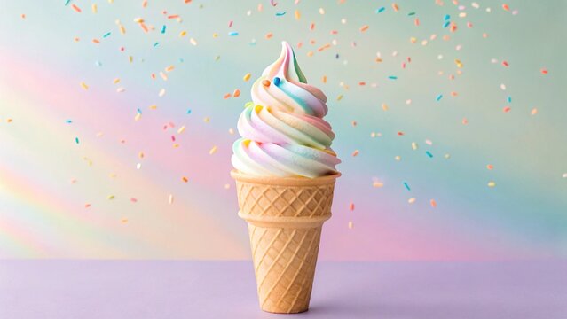 This vibrant image features a whimsical rainbow soft-serve ice cream in a classic waffle cone, with an explosion of festive sprinkles, set against a magical pastel backdrop