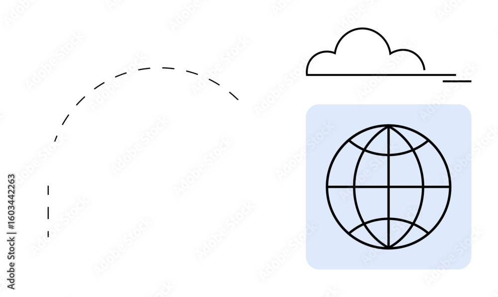 Poster globe over blue square with cloud and dashed line suggesting data transfer and connectivity. ideal f