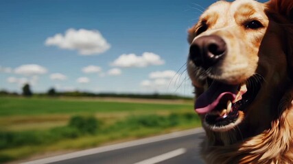 Close-up video still of a joyful dog with its head out a car window, capturing the motion and excitement from a side angle on a sunny day.